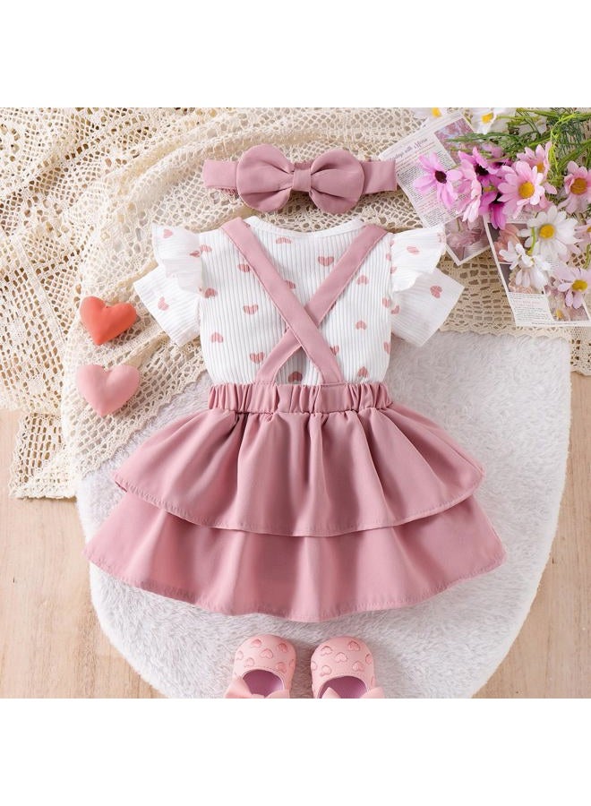 FOCUTEBB Baby Girl Clothes Newborn Romper Love Heart Print Short Sleeved Ruffled Bow Skirt Headband Outfits Set 0-18 Months, Pink, 3-6 Months - Image 3