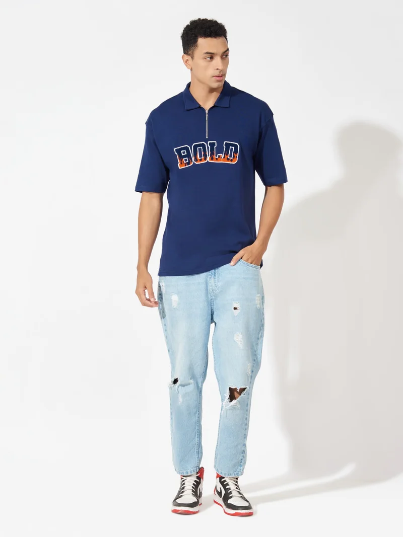 Maniac Maniac Mens Printed Polo Neck Half Sleeve Navy Blue Oversized Fit Cotton T-Shirt