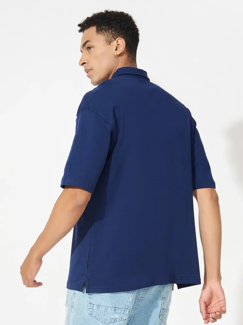 Maniac Maniac Mens Printed Polo Neck Half Sleeve Navy Blue Oversized Fit Cotton T-Shirt