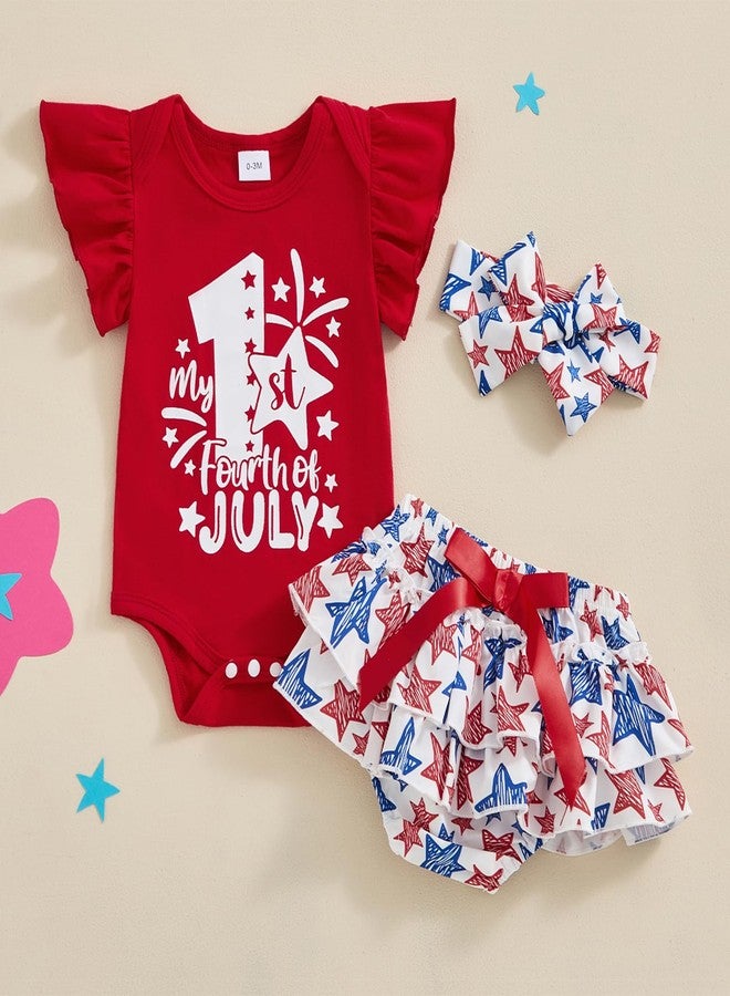 Amnnchya 4th of July Baby Girl Outfits First Independence Day Fly Sleeve Romper Stars Shorts My 1st Fourth of July Outfit (Red, 0-3 Months) - Image 2