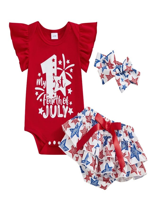 Amnnchya 4th of July Baby Girl Outfits First Independence Day Fly Sleeve Romper Stars Shorts My 1st Fourth of July Outfit (Red, 0-3 Months) - Image 1