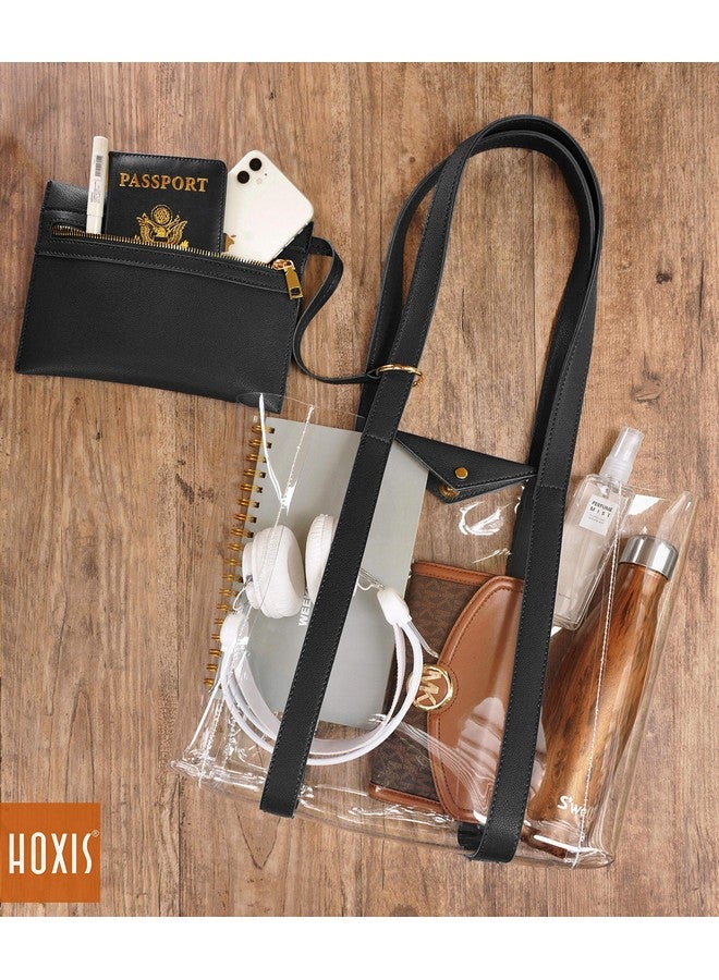 Hoxis Clear Tote with Vegan Leather Pouch Women Weekender PVC Handbag Shopper Work Bag (Black) - Image 1
