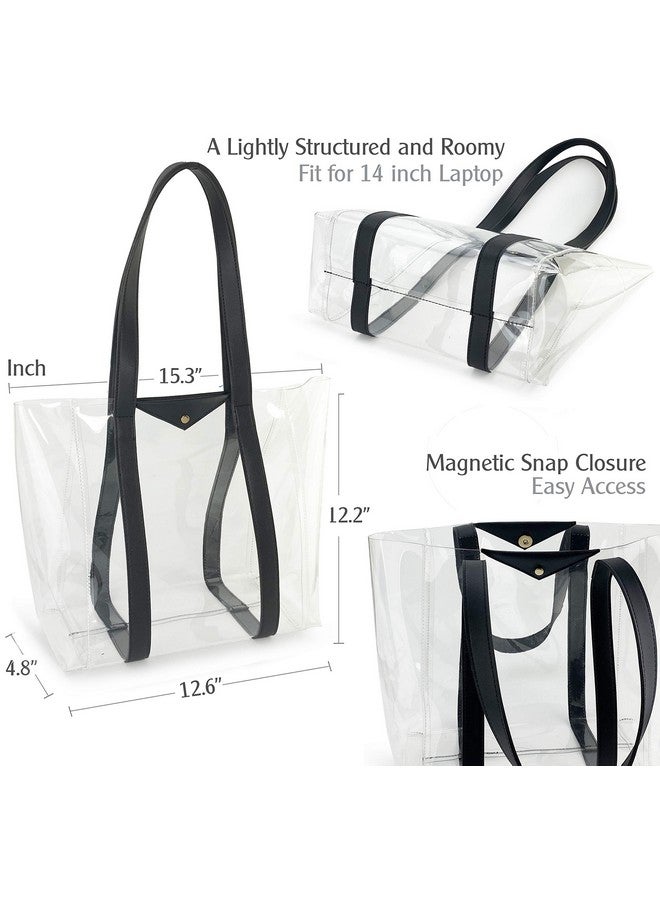 Hoxis Clear Tote with Vegan Leather Pouch Women Weekender PVC Handbag Shopper Work Bag (Black) - Image 3