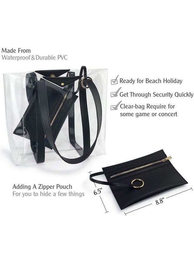 Hoxis Clear Tote with Vegan Leather Pouch Women Weekender PVC Handbag Shopper Work Bag (Black) - Image 2