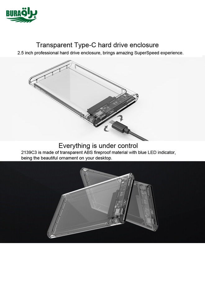 BURAQ - ORICO 2139C3-CR USB3.1 Type C Transparent External Hard Disk Box Storage Case for 9.5mm 2.5 inch SATA HDD / SSD - Image 1