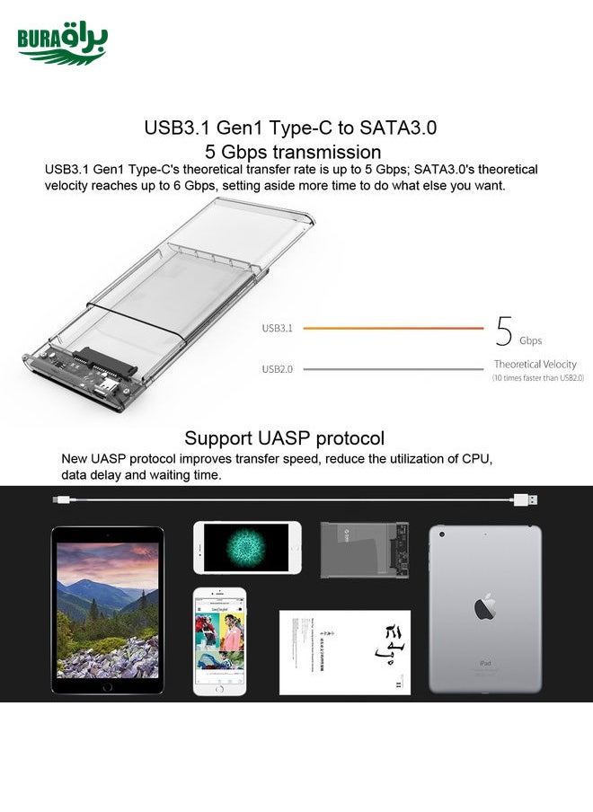 BURAQ - ORICO 2139C3-CR USB3.1 Type C Transparent External Hard Disk Box Storage Case for 9.5mm 2.5 inch SATA HDD / SSD - Image 1