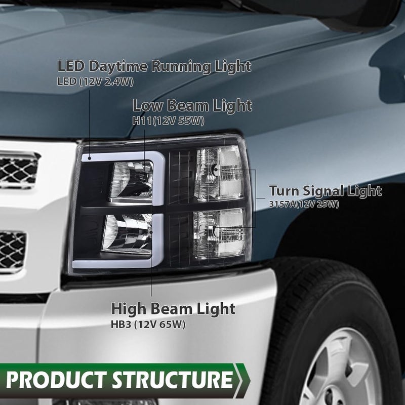 GRAND ORANGE LED DRL Tube Projector Headlights for Chevy Silverado 1500/2500/3500 (2007-2014) - Image 3