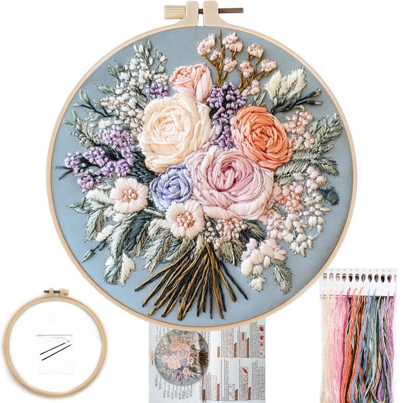 FONNUY Bouquet Flowers Embroidery Kit for Beginners PreStamped Pattern Kits for Adults with Hoop Easy to Follow Color Thread Needlework 8 Hoop Captivating Allure - Image 3