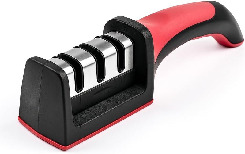 FITTO Knife and Scissor Sharpeners, 3 Stage, 3-in-1, Non-Slip Grip, For Knives, Red - Image 1