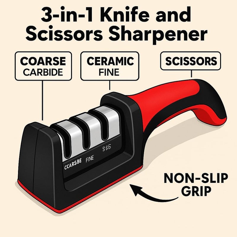FITTO Knife and Scissor Sharpeners, 3 Stage, 3-in-1, Non-Slip Grip, For Knives, Red - Image 2