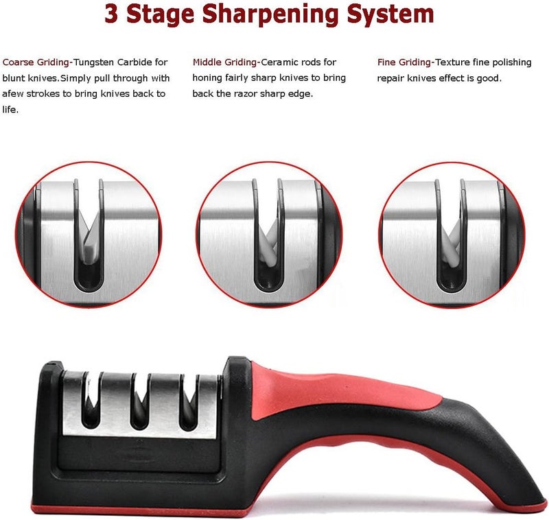 FITTO Knife and Scissor Sharpeners, 3 Stage, 3-in-1, Non-Slip Grip, For Knives, Red - Image 5