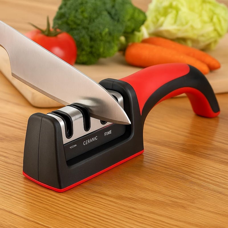 FITTO Knife and Scissor Sharpeners, 3 Stage, 3-in-1, Non-Slip Grip, For Knives, Red - Image 3