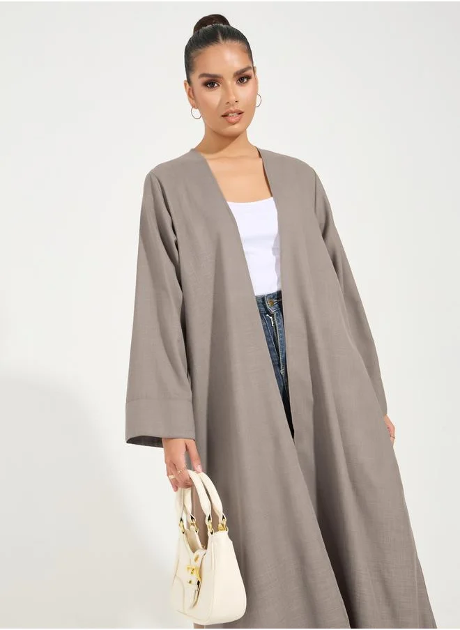 Styli Linen Look Abaya with Wide Sleeves