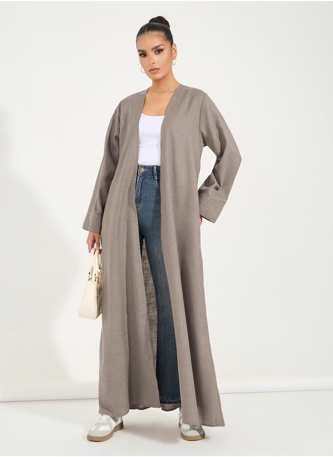 Styli Linen Look Abaya with Wide Sleeves  - Image 1