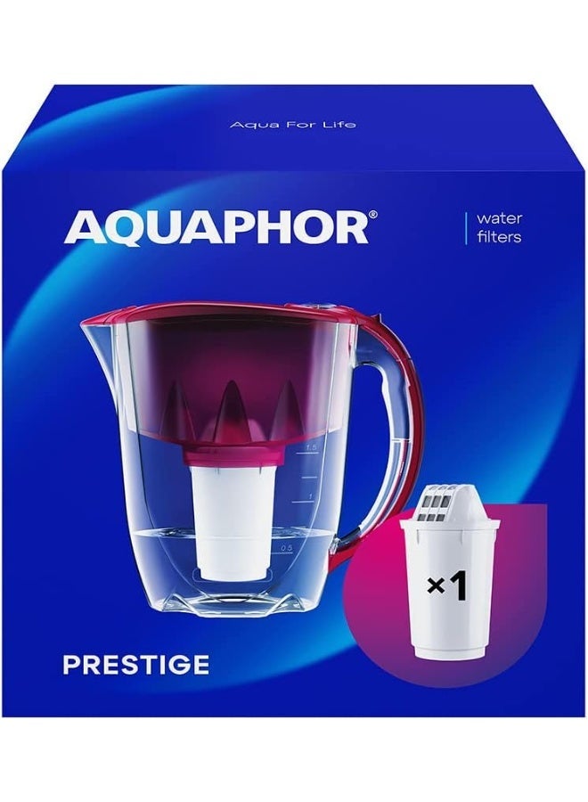 Aquaphor Prestige Water Filter Jug, + 1 Extra Cartridge, 2.8L Capacity, Slider Lid and Compact Design, Reduces Chlorine, Rust, Heavy Metals, Phenols & Organic Compounds, Provides Odorless and Tasty Water, BPA-Free, Fridge-Friendly Water Purifier Jug for Daily Use (Cherry) - Image 1