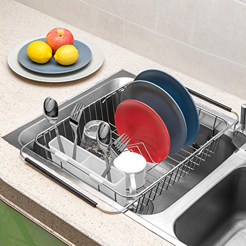 SANNO Dish Drying Rack, Expandable Dish Drainer Over Sink in Sink On Counter with Utensil Silverware Storage Holder, Rustproof Stainless Steel - Image 3