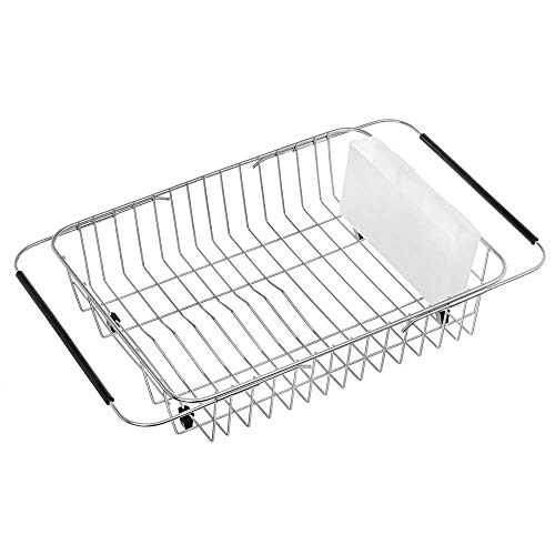 SANNO Dish Drying Rack, Expandable Dish Drainer Over Sink in Sink On Counter with Utensil Silverware Storage Holder, Rustproof Stainless Steel - Image 1
