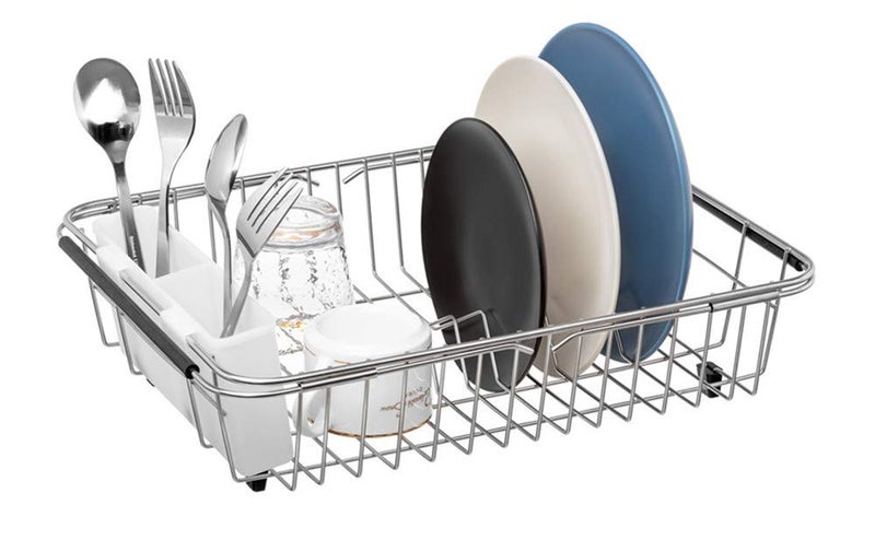 SANNO Dish Drying Rack, Expandable Dish Drainer Over Sink in Sink On Counter with Utensil Silverware Storage Holder, Rustproof Stainless Steel - Image 4