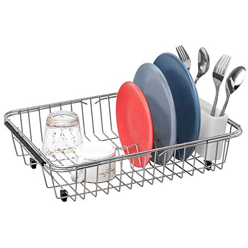 SANNO Dish Drying Rack, Expandable Dish Drainer Over Sink in Sink On Counter with Utensil Silverware Storage Holder, Rustproof Stainless Steel - Image 5