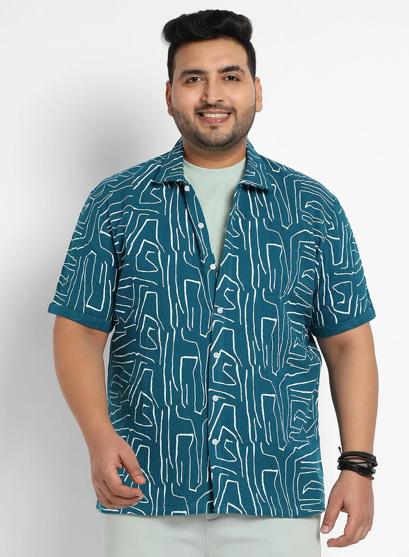 Instafab Plus Instafab Plus Men's Teal Blue Abstract Lines Print Shirt For Casual Wear | Spread Collar | Short Sleeve | Button Closure | Cotton Double Cloth Shirt Crafted With Comfort Fit For Everyday Wear