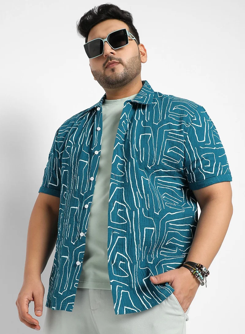 Instafab Plus Men's Teal Blue Abstract Lines Print Shirt For Casual Wear | Spread Collar | Short Sleeve | Button Closure | Cotton Double Cloth Shirt Crafted With Comfort Fit For Everyday Wear