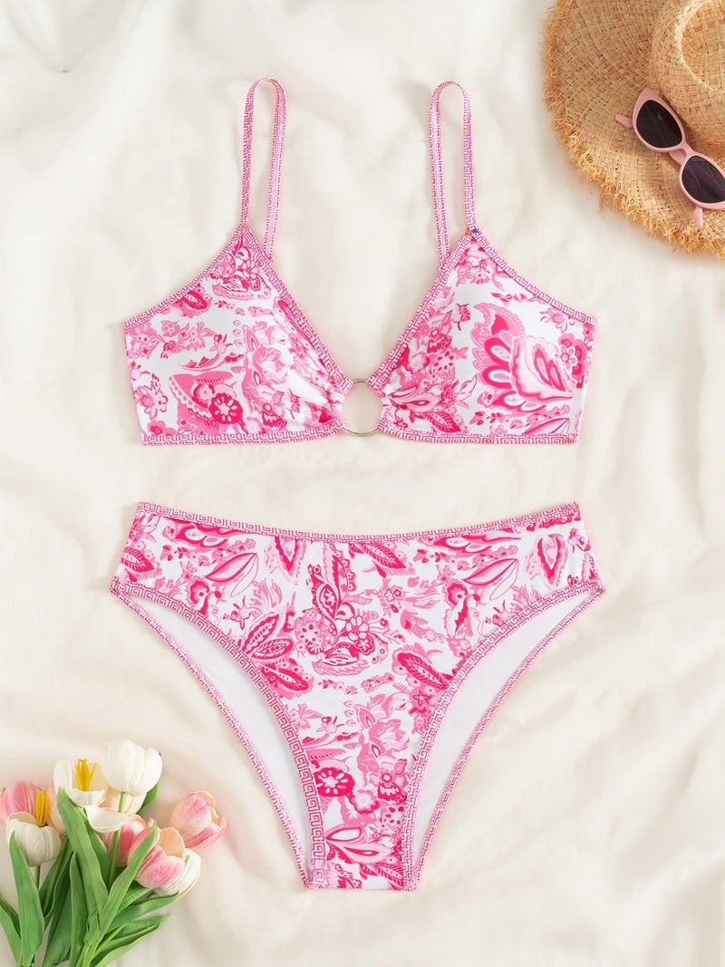 Fanuerg Women's Triangle Bikini Sets O Ring Linked Two Piece Swimsuits Hot Pink Floral Printed Cheeky Bathing Suit L - Image 4