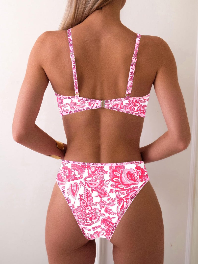 Fanuerg Women's Triangle Bikini Sets O Ring Linked Two Piece Swimsuits Hot Pink Floral Printed Cheeky Bathing Suit L - Image 2