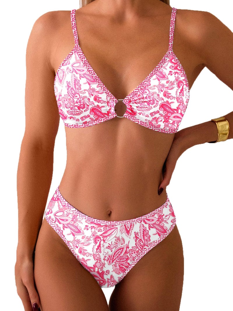 Fanuerg Women's Triangle Bikini Sets O Ring Linked Two Piece Swimsuits Hot Pink Floral Printed Cheeky Bathing Suit L - Image 1