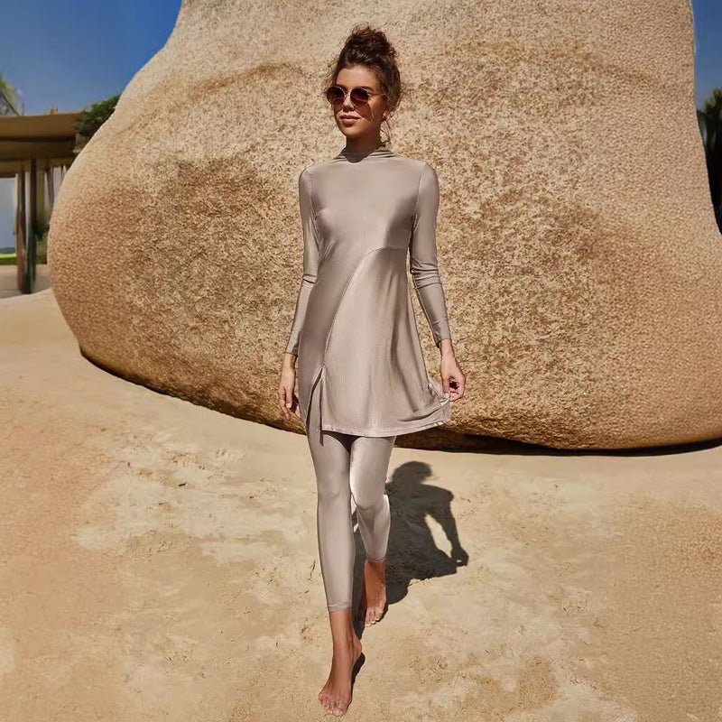 Arabian Swimsuit Two-Piece Set Conservative Beach Surfing Sun Protection Swimsuit Solid Color Long Sleeve Trousers Full Envelope Swimsuit - Image 1