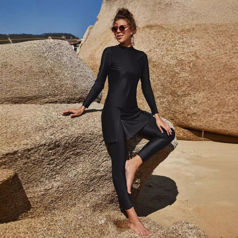 Arabian Swimsuit Two-Piece Set Conservative Beach Surfing Sun Protection Swimsuit Solid Color Long Sleeve Trousers Full Envelope Swimsuit - Image 4