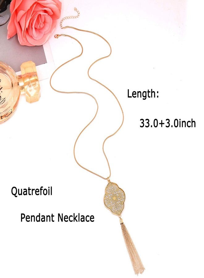 ALEXY Long Necklace for Women Quatrefoil Pendant Necklaces Long Chain Necklaces Bohemia Tassel Necklaces Y Necklace (G 1PC Gold) - Image 5