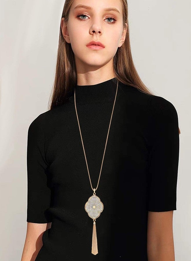 ALEXY Long Necklace for Women Quatrefoil Pendant Necklaces Long Chain Necklaces Bohemia Tassel Necklaces Y Necklace (G 1PC Gold) - Image 2
