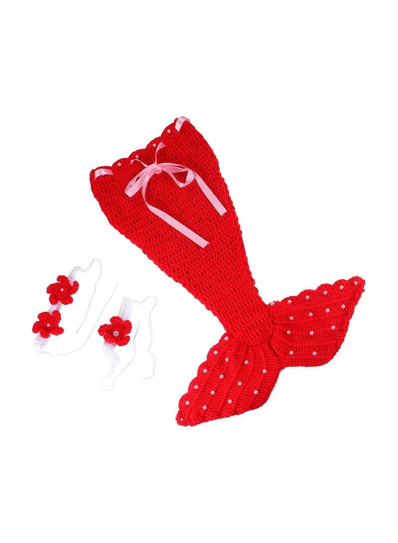GGOOT Baby Photography Props, Mermaid Crochet Outfit Newborn Photo Costume with Headband Bra Tail Dress Up Accessories Red - Image 1