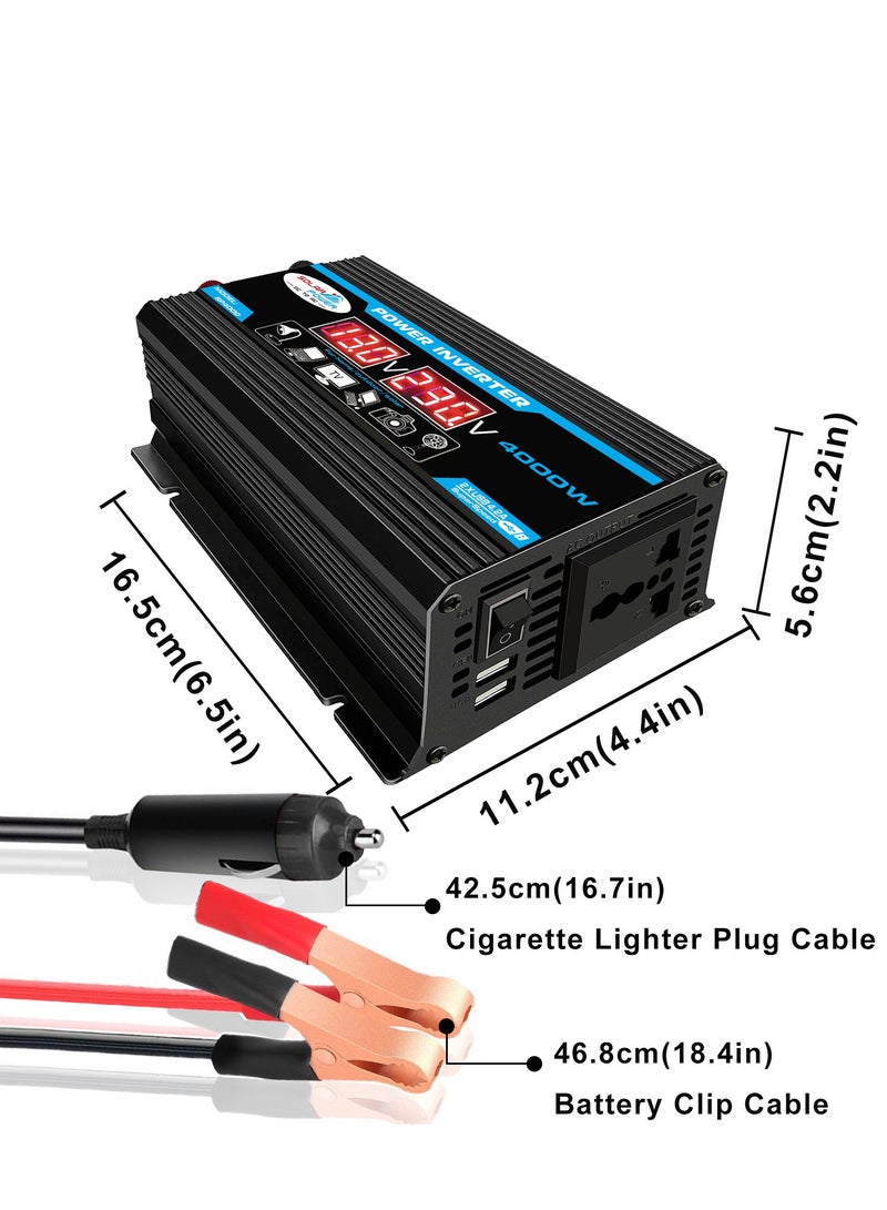 4000W Car Power Inverter DC 12V to AC 220V Converter Modified Sine Wave Inverter High Frequency Watt Power Charger Inverter with Dual USB Port Battery Clips Display Screen - Image 5