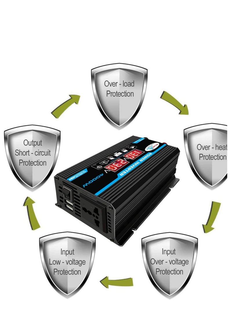 4000W Car Power Inverter DC 12V to AC 220V Converter Modified Sine Wave Inverter High Frequency Watt Power Charger Inverter with Dual USB Port Battery Clips Display Screen - Image 4