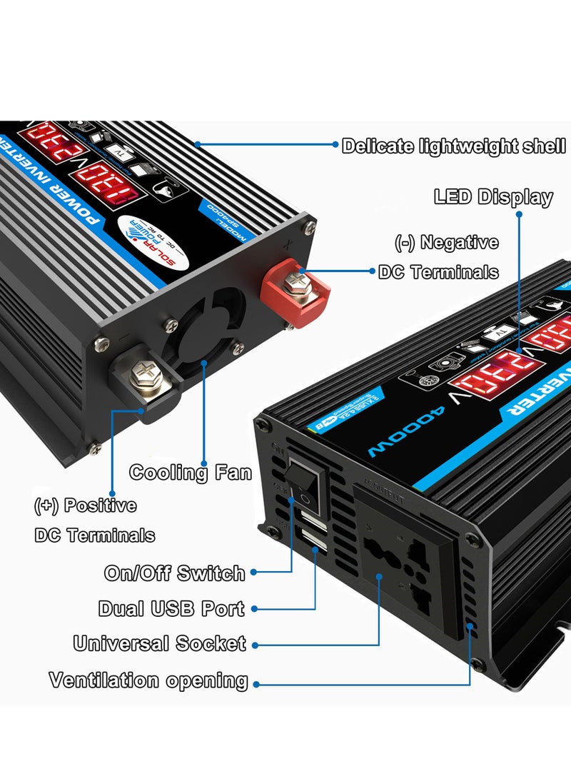 4000W Car Power Inverter DC 12V to AC 220V Converter Modified Sine Wave Inverter High Frequency Watt Power Charger Inverter with Dual USB Port Battery Clips Display Screen - Image 2