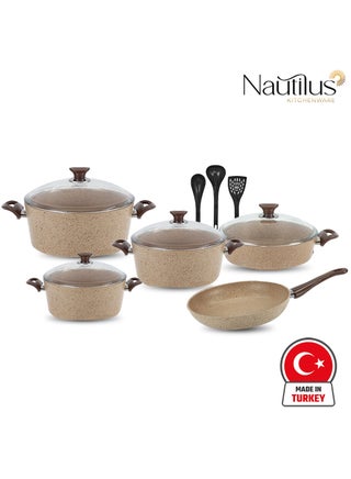 Cookware set 12 Piece Granite Coating Non-Stick Cookware Set | 28cm,24cm,20cm Deep pot With Glass Lid | 26cm Low pot With Glass Lid | 26cm Fry Pan | 3 Pcs Nylon Serving Tools
