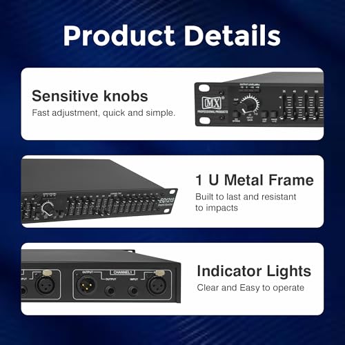 MX Dual Channel 15-Band Graphic Equalizer – Rackmount Audio Equalizer with XLR/TRS Inputs, 50Hz Low-Cut Filter, Feedback Detection – Professional Sound Processor for PA, DJ, Studio - Image 5
