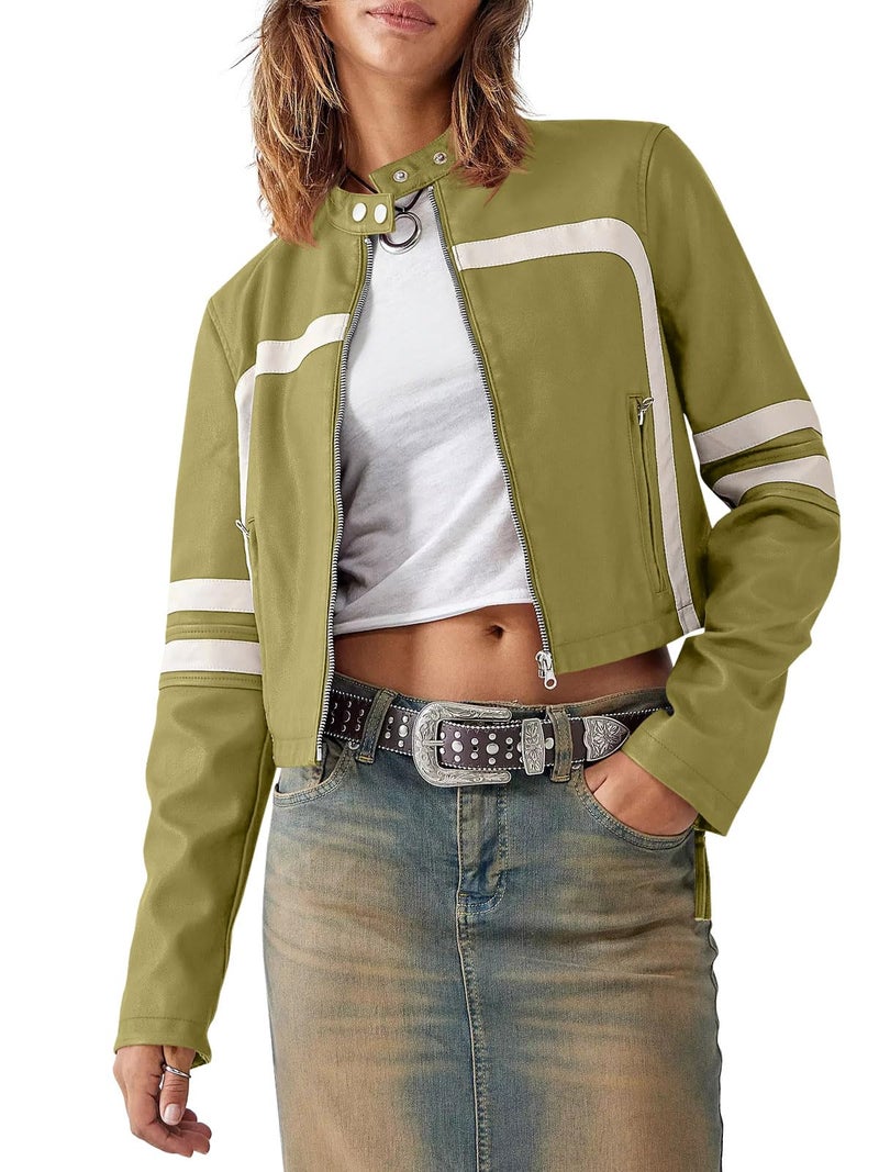 Saodimallsu Womenâ€™s Faux Leather Jackets Zip Up Stand Collar Cropped Motocross PU Coats - Image 2