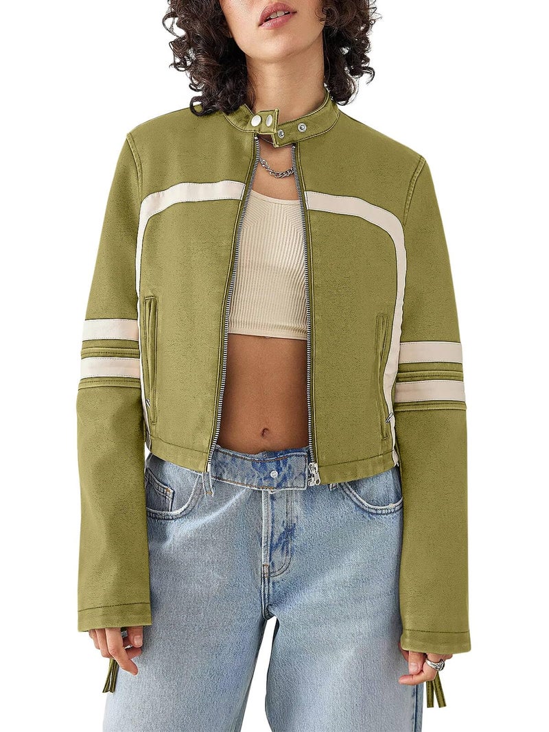 Saodimallsu Womenâ€™s Faux Leather Jackets Zip Up Stand Collar Cropped Motocross PU Coats - Image 1