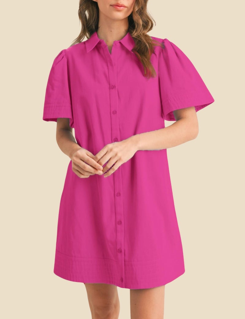 Meyhad Womens Short Sleeve Button Down Mini Shirt Dress Lapel Collar Short Dresses with Pocket(0942-RoseRed-L) - Image 2