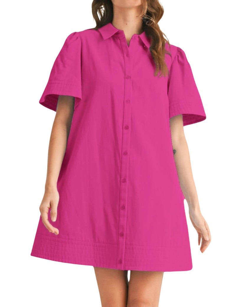 Meyhad Womens Short Sleeve Button Down Mini Shirt Dress Lapel Collar Short Dresses with Pocket(0942-RoseRed-L) - Image 1