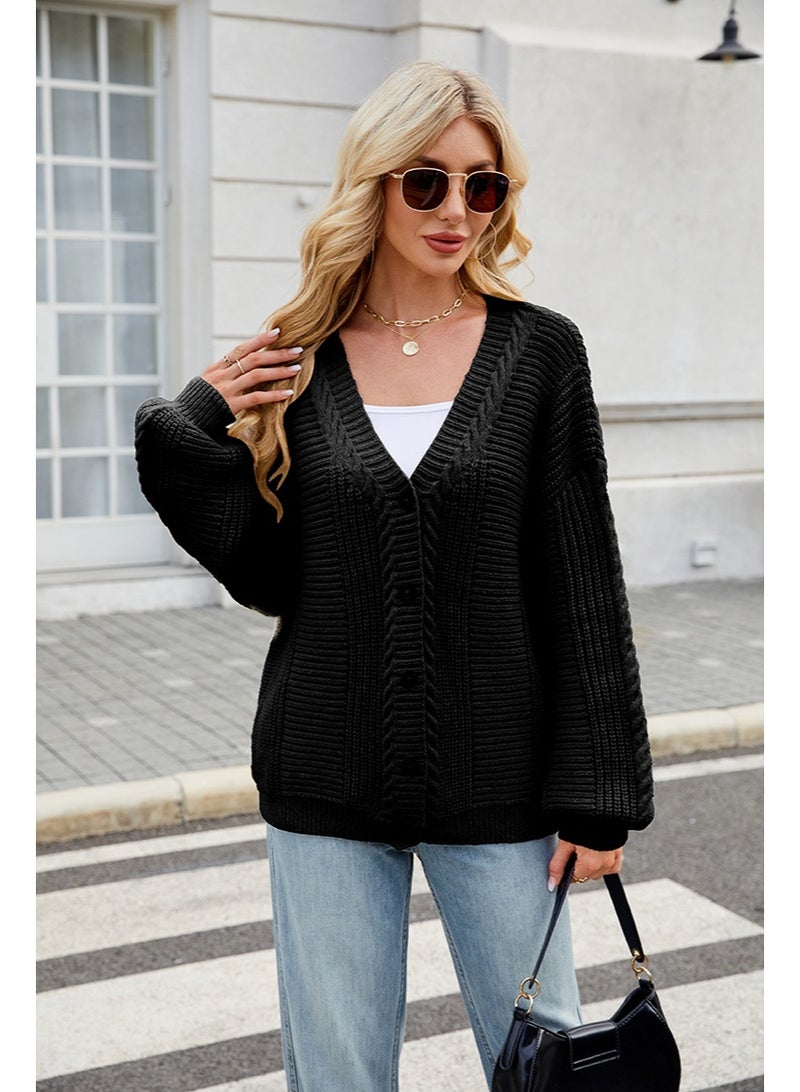 NIBEMINENT American Style Fashion Autumn Winter Lazy Sweaters V Neck Relaxed Cable Knit Cardigan - Image 1