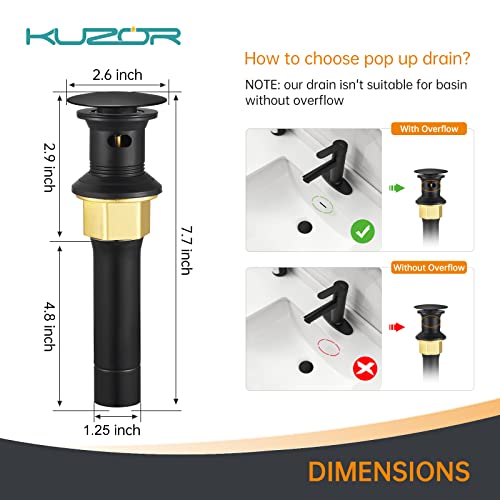 KUZOR Matte Black Pop Up Bathroom Sink Drain with Overflow - Fits 1-5/8" to 2" Holes, 304 Stainless Steel for Vanity/Vessel Sink - Image 5