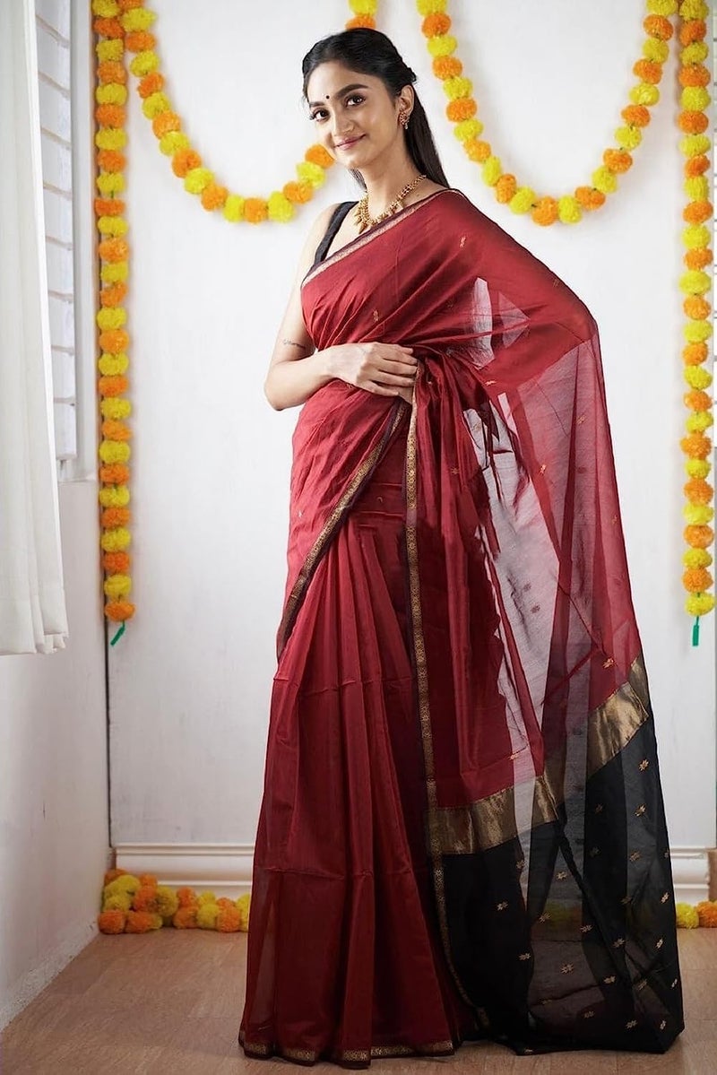 SGF11 Women's Kanjivaram Soft Cotton Linen Silk Saree With Blouse Piece (Maroon Black) - Image 2