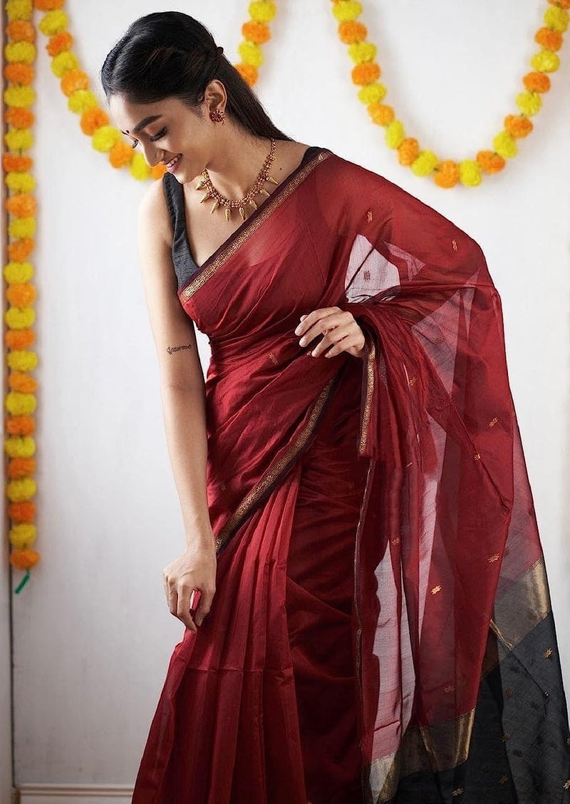 SGF11 Women's Kanjivaram Soft Cotton Linen Silk Saree With Blouse Piece (Maroon Black) - Image 5