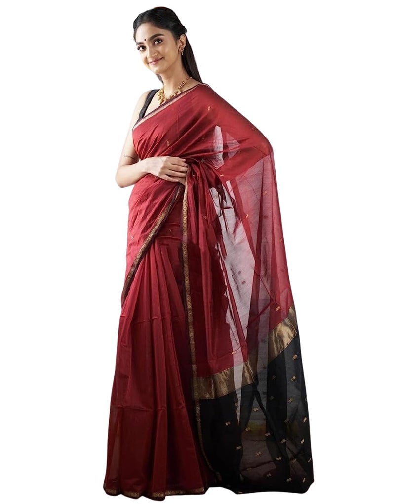 SGF11 Women's Kanjivaram Soft Cotton Linen Silk Saree With Blouse Piece (Maroon Black) - Image 1