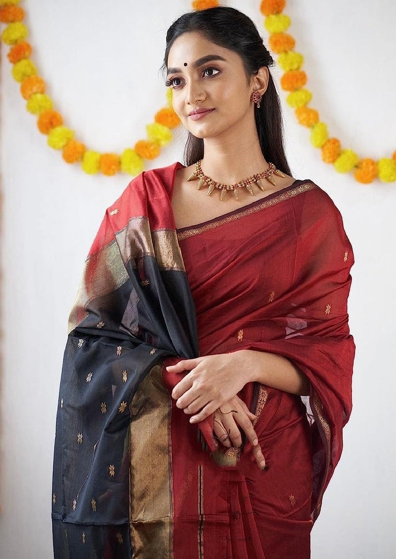 SGF11 Women's Kanjivaram Soft Cotton Linen Silk Saree With Blouse Piece (Maroon Black) - Image 4