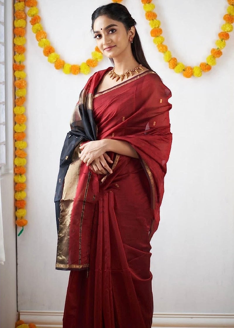 SGF11 Women's Kanjivaram Soft Cotton Linen Silk Saree With Blouse Piece (Maroon Black) - Image 3