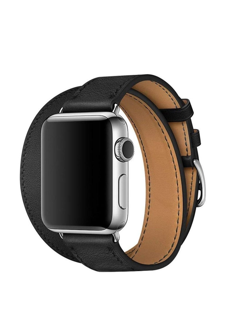 PU Leather Band Strap Double Tour for Apple Watch (42mm Black) - Image 1